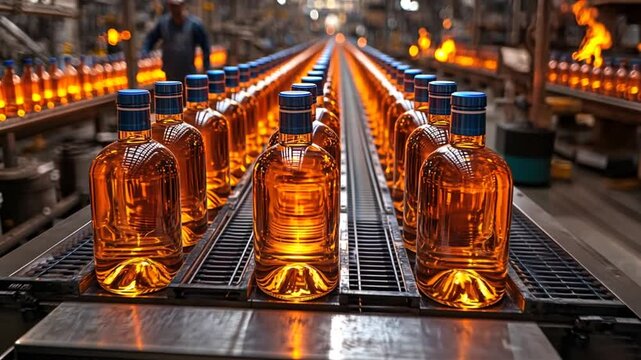 Alcoholic beverage bottles on a factory conveyor belt, production line
