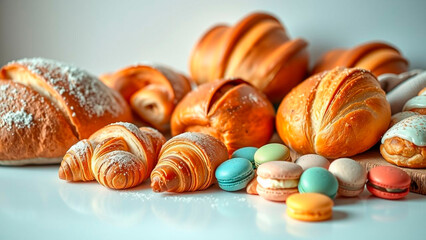 A delightful display of assorted pastries, from golden croissants to colorful macarons, creating a tempting symphony of flavors and textures.