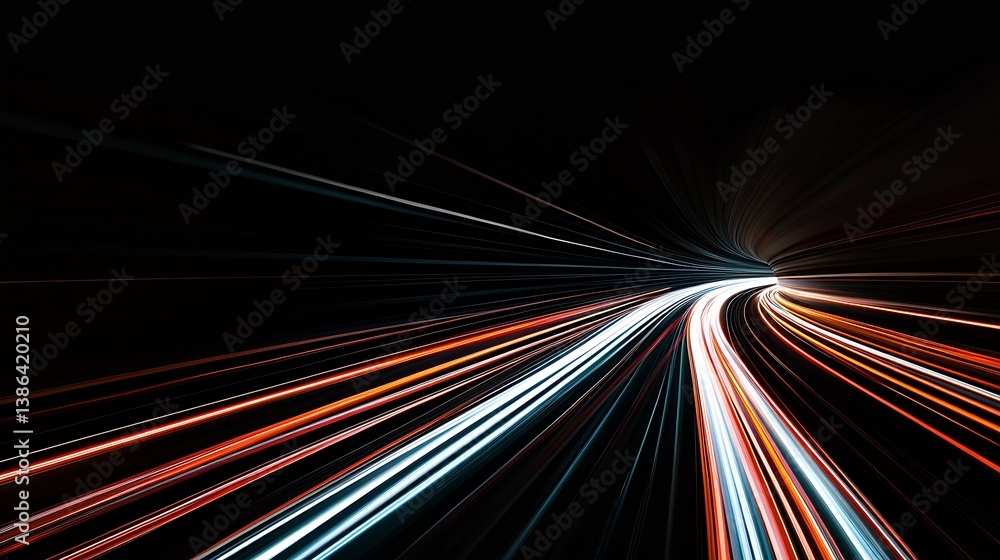 Poster Mesmerizing light trails in vibrant colors creating a captivating abstract motion effect on a black canvas : Generative AI
