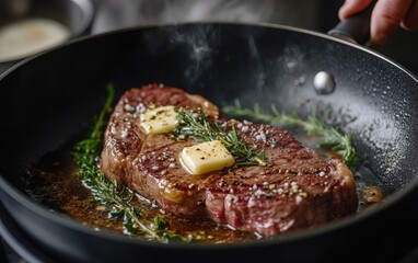 Sizzling steak with herbs and melting butter in a hot skillet.
