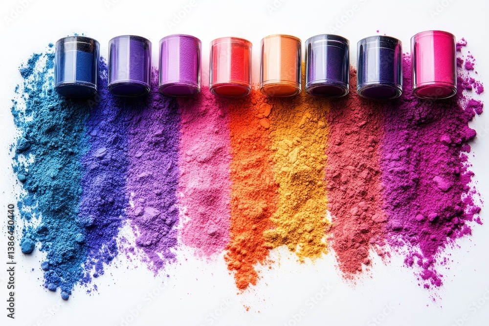 Poster vibrant arrangement of colored powders creating a spectrum of hues on a white surface during dayligh