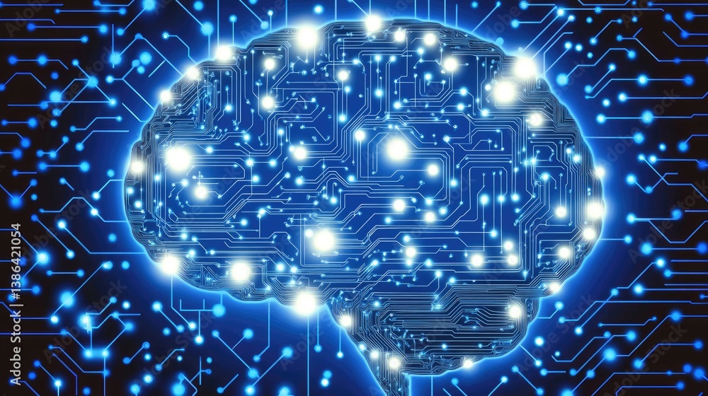 Poster artificial intelligence concept with glowing brain circuitry on a futuristic display