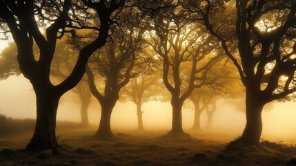 A mystical forest scene shrouded in fog, featuring several tall trees with twisting branches. The trees are silhouetted against a warm golden glow emanating from the fog, creating an ethereal atmosphe