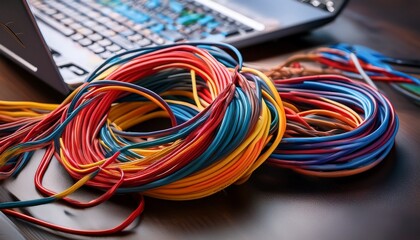 Colorful cables twist in organized chaos across a tech-laden desk
