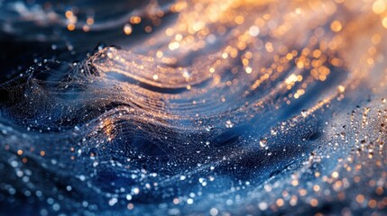 A mesmerizing close-up of shimmering water droplets and soft, flowing waves, capturing the interplay of light and texture in a rich blue and golden color palette. The image showcases the delicate deta