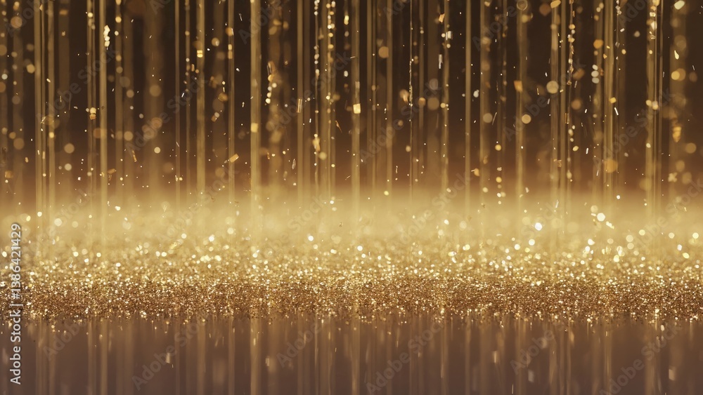 Poster golden abstract: an ethereal abstract composition of cascading golden particles, shimmering with lig