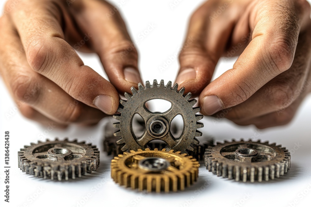 Leinwandbilder Hands holding two interlocking gears demonstrating mechanical connection and engineering principles in a minimalistic setting