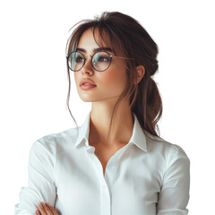 Stylish Woman in White Shirt and Glasses Thoughtful Pose isolated on transparent background