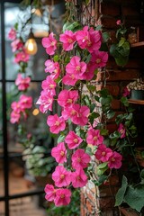 Fototapeta premium Vibrant Pink Bougainvillea Cascading Down a Brick Wall