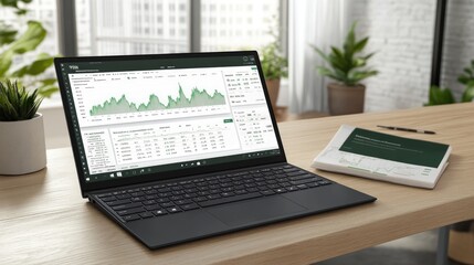 Business desk with an open laptop showing stock market analytics in a modern workspace