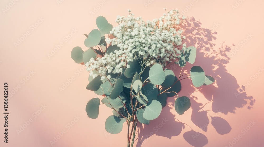 Poster centered bouquet with rounded shape on a gradient pink backdrop with subtle shadows