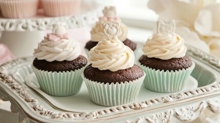 A beautifully arranged platter of frosted chocolate cupcakes with pastel-colored paper liners. Each cupcake is topped with swirls of creamy frosting and decorative edible toppers shaped like hearts an