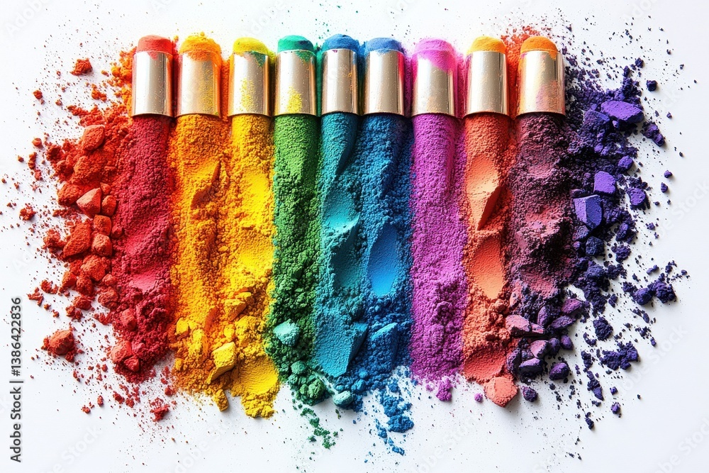 Poster colorful vibrant powdered pigments arranged in a spectrum on a white background during midday light