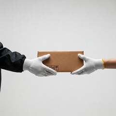 delivery person wearing white gloves holding cardboard box against white background