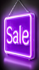 Glowing purple neon "Sale" sign hanging