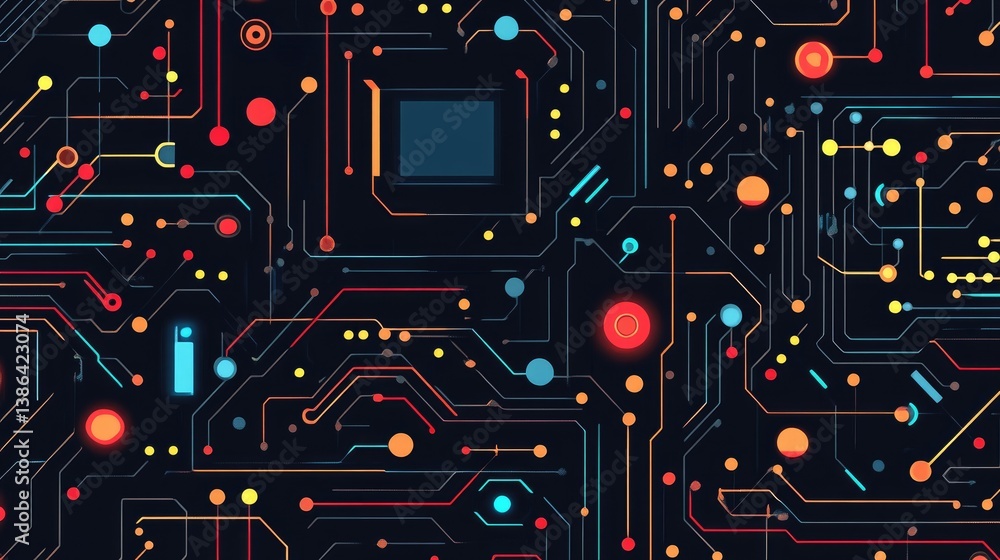 Poster close-up of modern computer motherboard with integrated chips and complex circuitry