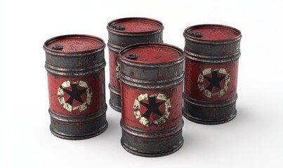 Four red and black metal barrels with star insignia on a white background.