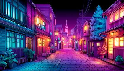 Fototapeta premium Neon-lit, traditional street at night