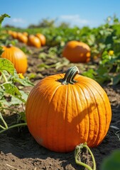 Bright orange pumpkins in a sunlit field, ready for harvest on a clear autumn day.