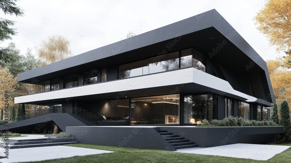 Poster angular black and white house with asymmetric design and natural stone elements