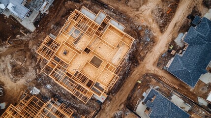 Fototapeta premium Aerial view of suburban neighborhood under construction with roads and house frames visible