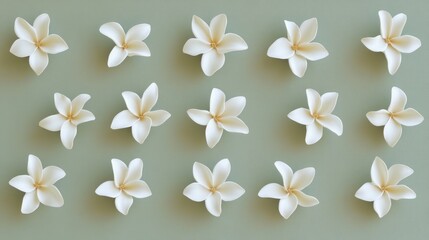Delicate white flowers arranged symmetrically on a light sage green background