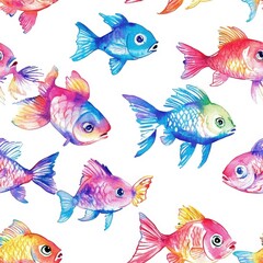 Fish Pattern Watercolor Animals Swimming on White tile pattern