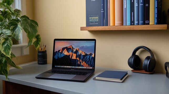 E-learning workspace with laptop, notes, and headphones on a clean desk