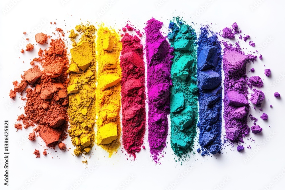Poster colorful vibrant powdered pigments arranged in a spectrum on a white background during midday light