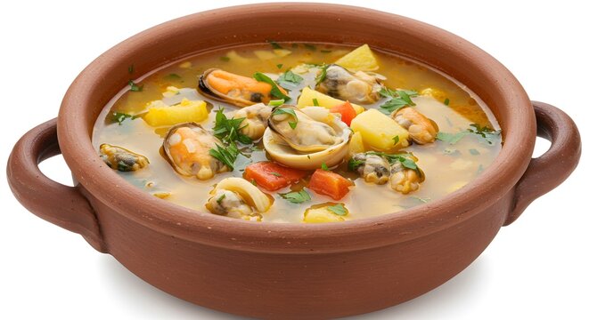 Sururu chowder  - A ceramic bowl contains a delicious seafood soup with mussels, clams, potatoes, and herbs in a flavorful broth, isolated on a white background.