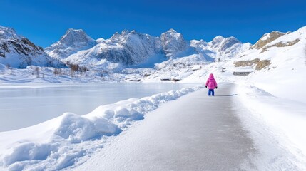 Child walks on snowy path beside frozen lake, mountains background