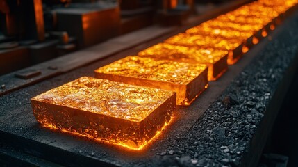 Glowing Hot Metal Ingots on Conveyor Belt in Steel Mill