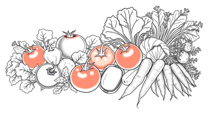 A vibrant assortment of garden vegetables, including tomatoes, carrots, and leafy greens, rendered in a detailed, artistic style. Fresh garden bounty.