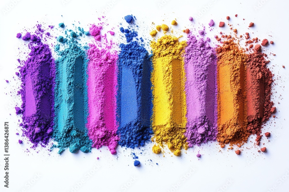Poster vibrant arrangement of colored powders creating a spectrum of hues on a white surface during dayligh
