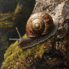 A detailed close-up of a textured snail resting on a mossy rock, showcasing its spiraled shell with rich brown hues and creamy accents. The background features a blurred natural environment, highlight