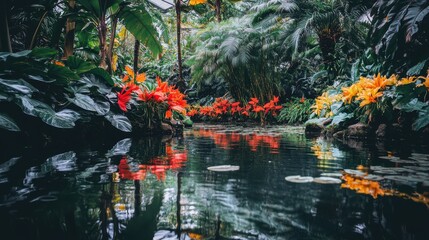 A quiet tropical pond surrounded by leafy plants and blooming flowers, creating a peaceful natural scene