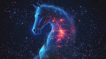 Naklejka premium Glowing Horse, digital art, cosmic background, fantasy, advertising