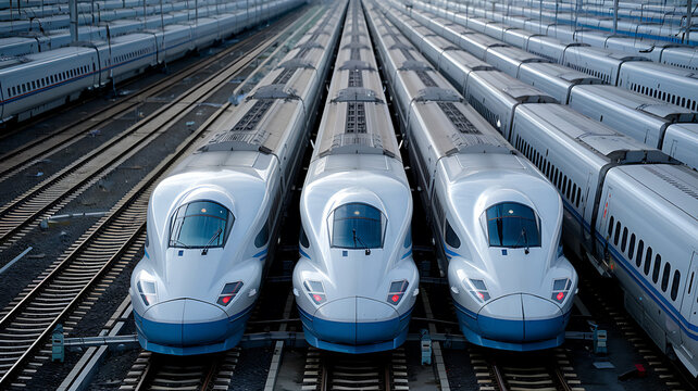 Rows of modern streamlined high-speed trains stand ready on parallel tracks showcasing mass transit efficiency and advanced railway engineering.