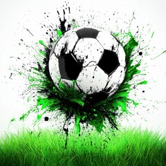 Dynamic Soccer Ball Explosion with Green Grass Creative Sports Graphic