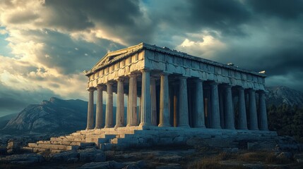Obraz premium Stunning view of a classical Greek temple featuring many Corinthian columns, illuminated by soft golden light, set against a dramatic sky filled with clouds. The temple, partially surrounded by natura