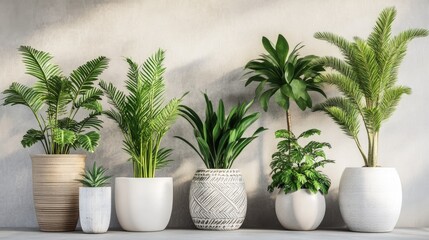 Fototapeta premium Group of tropical plants with vibrant foliage staged for home interior decor inspiration