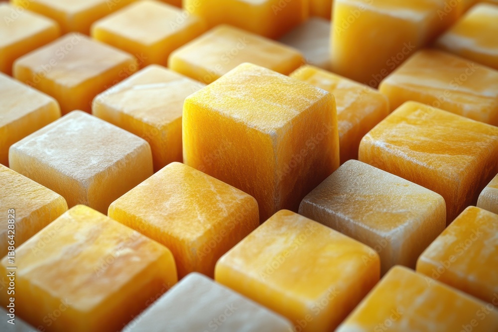 Poster Interesting arrangement of yellow and orange cubes with varying textures creating a striking visual display in a modern setting