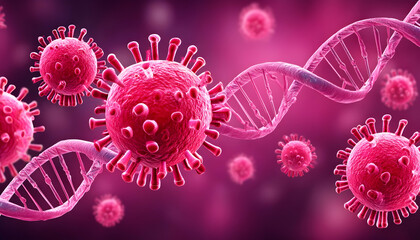 Microscopic view of virus particles and DNA helix