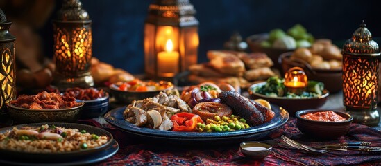 Sumptuous Middle Eastern feast with vibrant dishes and lanterns creating a warm ambiance.