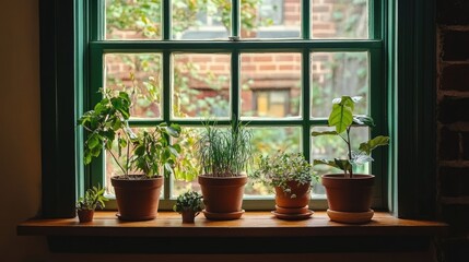 Fototapeta premium Indoor tropical plants in terracotta pots arranged in a row along a window ledge