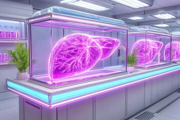 Illuminated human livers in futuristic lab display cases