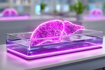 Illuminated 3D liver model in a lab container