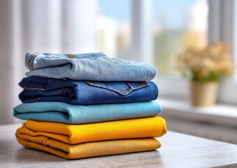 Stack of folded clothing indoors, next to window, for fashion or home use