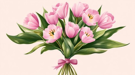 Minimalist bouquet of pink tulips with leaves tied by ribbon, centered on blush background