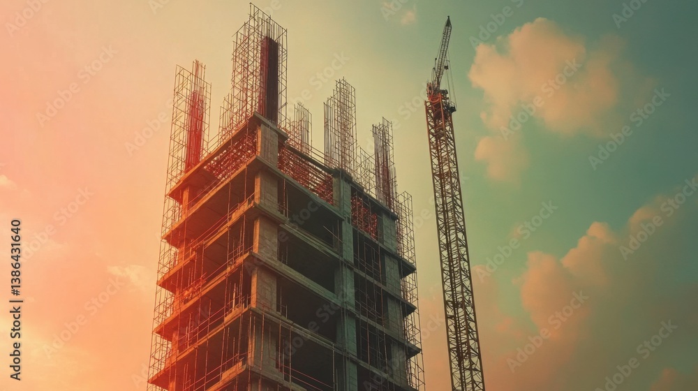 Aufkleber dynamic perspective of scaffolding rising alongside a concrete building shell